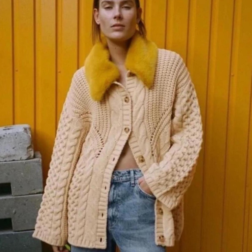 Zara Cable Knit Cardigan with faux fur collar